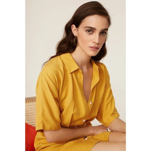Thakoon Collective Tie Waist Shirtdress in Yellow 6 Womens Mini Collared - Picture 3 of 16